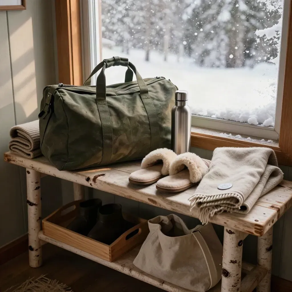 Packing bench with duffel, blanket, bottle, slippers and shawl by a frosted pine window in snowfall.