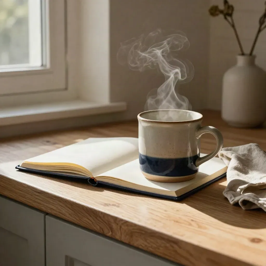 Steaming mug, blank notebook, linen napkin and single stem on a kitchen ledge in warm light