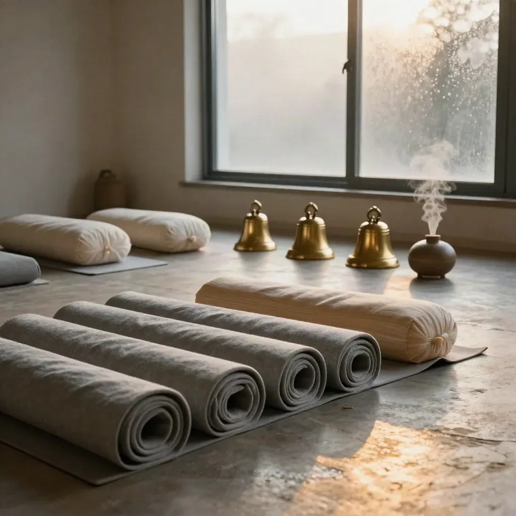 Breathwork studio mats, bolsters, and brass bell beside a fogged sunrise window.