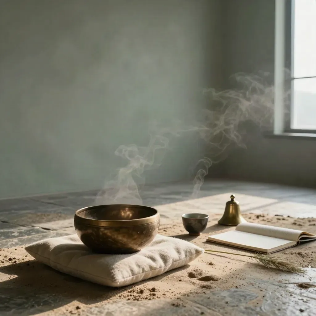 Rainy coastal mindfulness retreat still life with bowl, cushion, teacup, bell, and journal