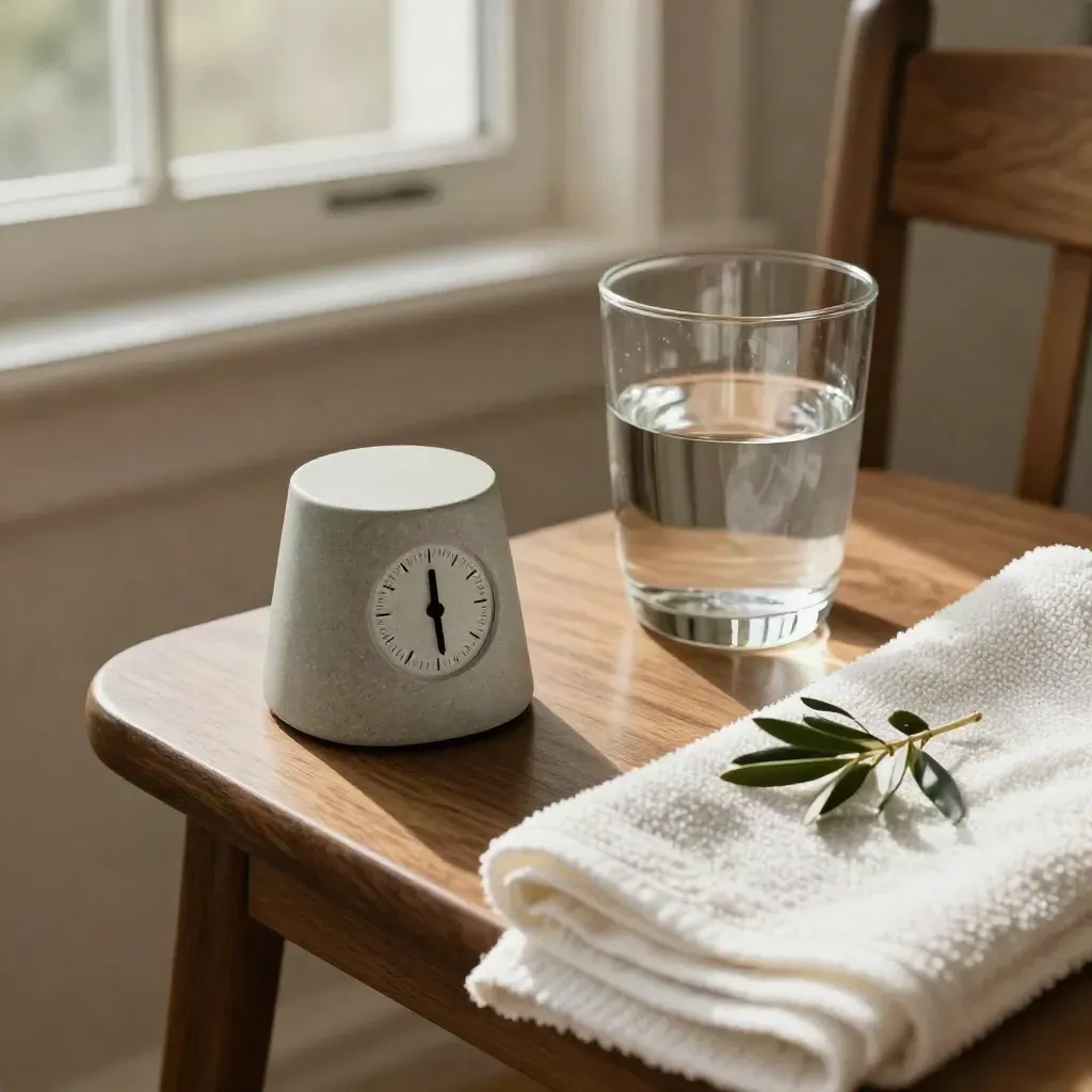 Stone timer, water glass, towel, and olive branch on a chair by a bright window.