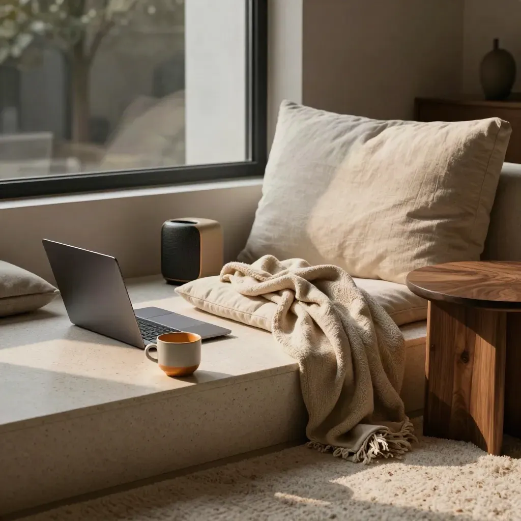 Living-room meditation nook with a closed laptop, speaker, cushion, blanket and cup in warm evening light