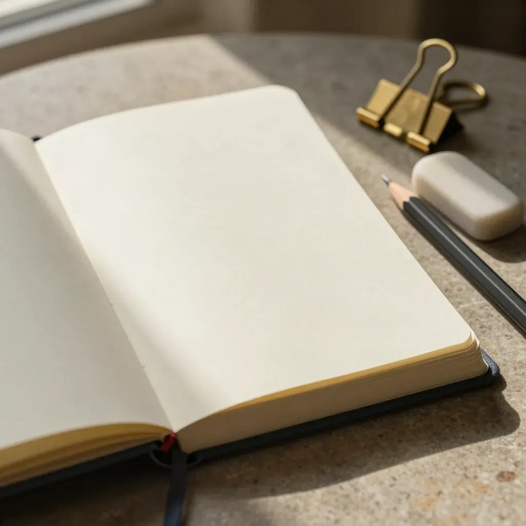 Open blank journal with pencil and eraser on a stone table in warm window light