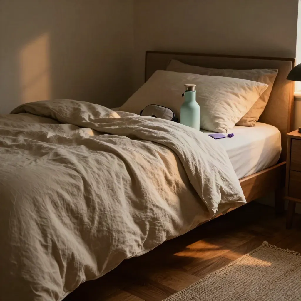 Unmade linen bed with sleep mask, seafoam carafe and lavender sachet in a dim bedroom corner.