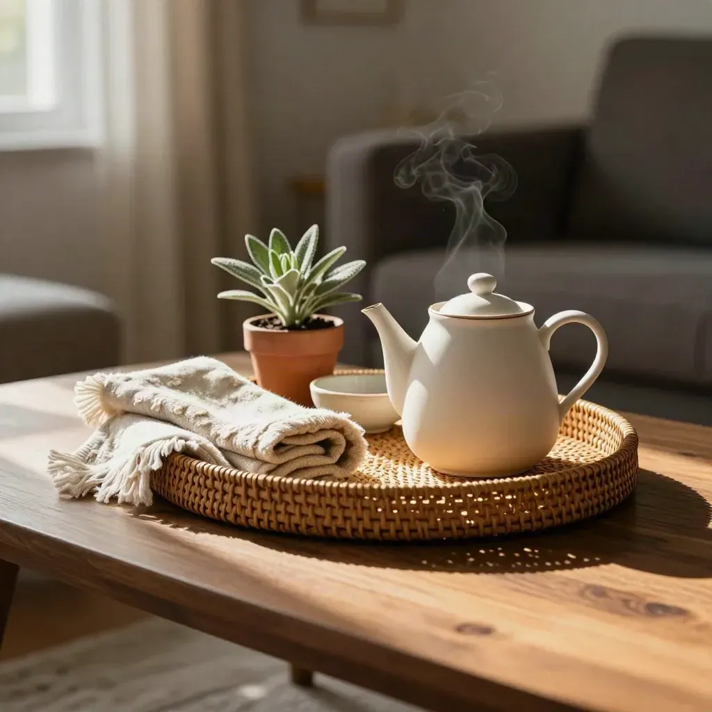 Sunlit wellness tray with teapot, blanket, plant, and ceramic bowl on a wood coffee table.