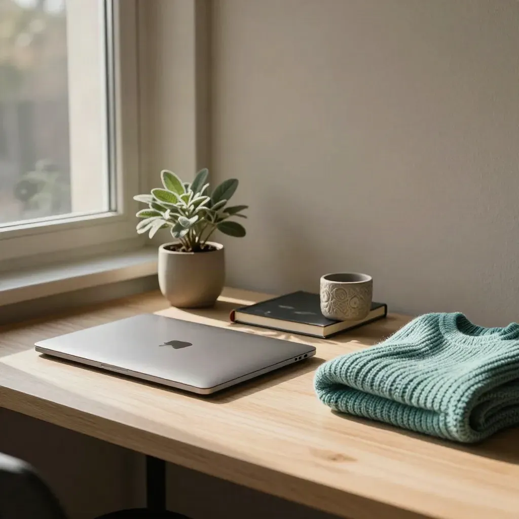 Quiet window-side desk with closed laptop, plant, stone cup, and folded sweater in warm afternoon light.