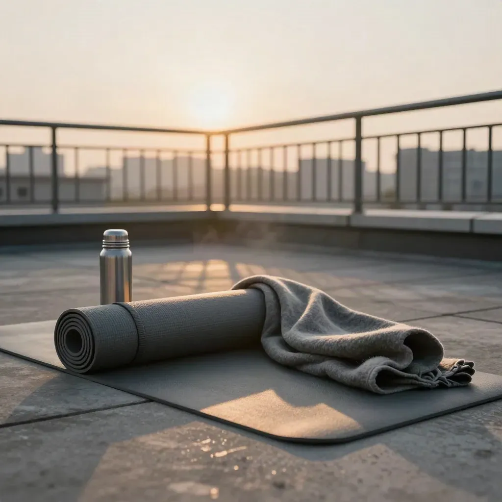 Rooftop wellness setup with mat, thermos and blanket in cool dawn mist.