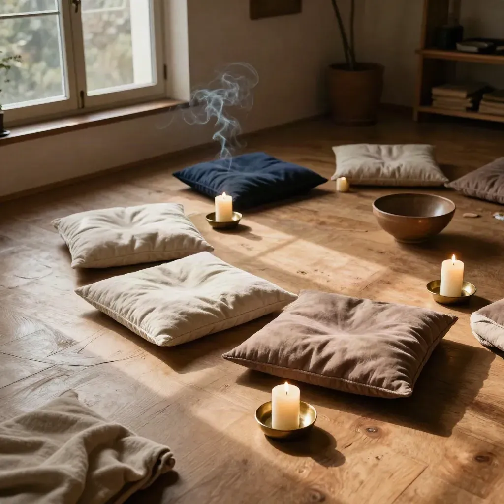 Cushions, candles, bowl and throw in a warm timber workshop circle
