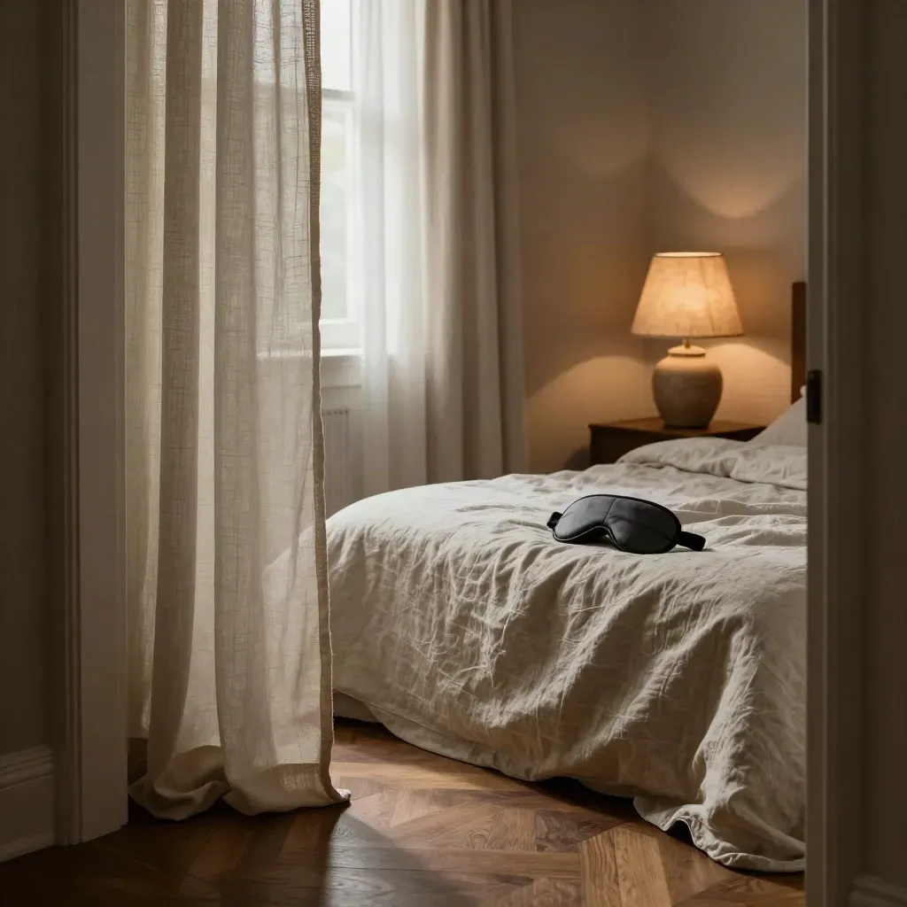 Sleep mask on linen bed beside a glowing lamp and half-drawn curtains in a dark bedroom