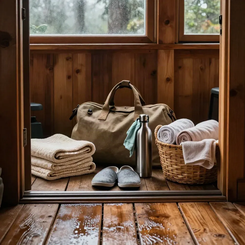 Cedar retreat packing station by a cabin door with duffel, blankets, slippers, and a water bottle.