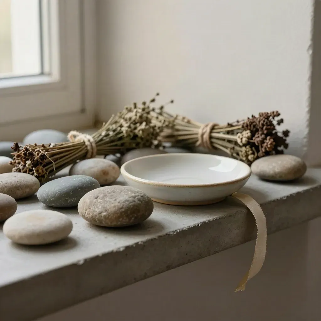 Keepsake shelf with river stones, ribbon bundles, ceramic dish and shell on concrete