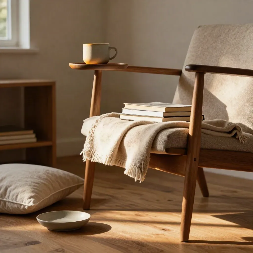 Reading chair with tea, blanket, and stacked books in warm late-afternoon light