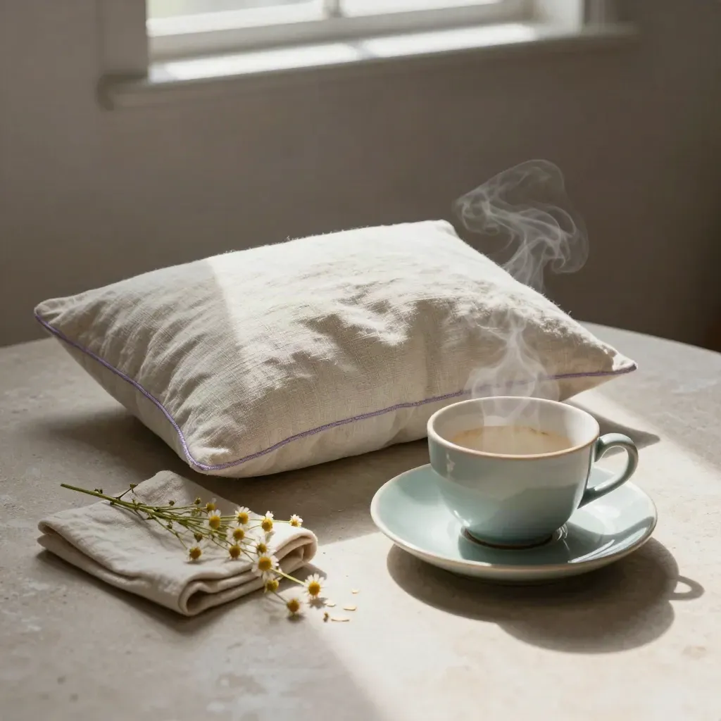Linen eye pillow beside chamomile tea, steam rising on pale stone surface