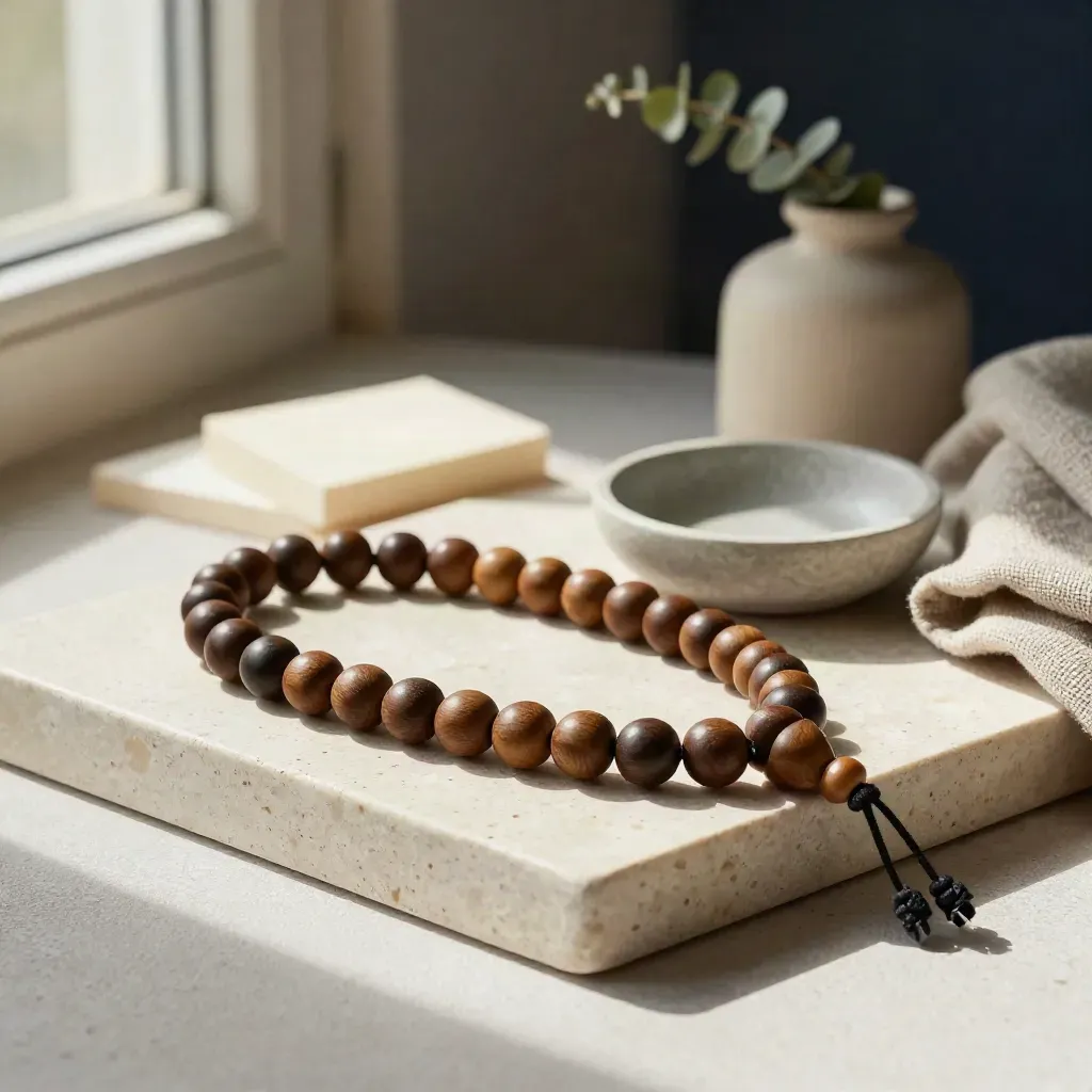 Wooden breath-count beads beside a stone dish, linen cloth and blurred card on a travertine tray.