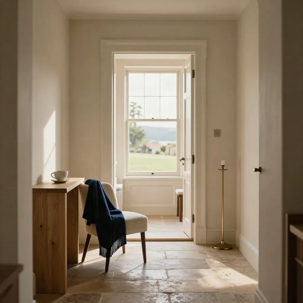Sunlit hallway with console, chair, navy shawl, tea cup, and open doorway