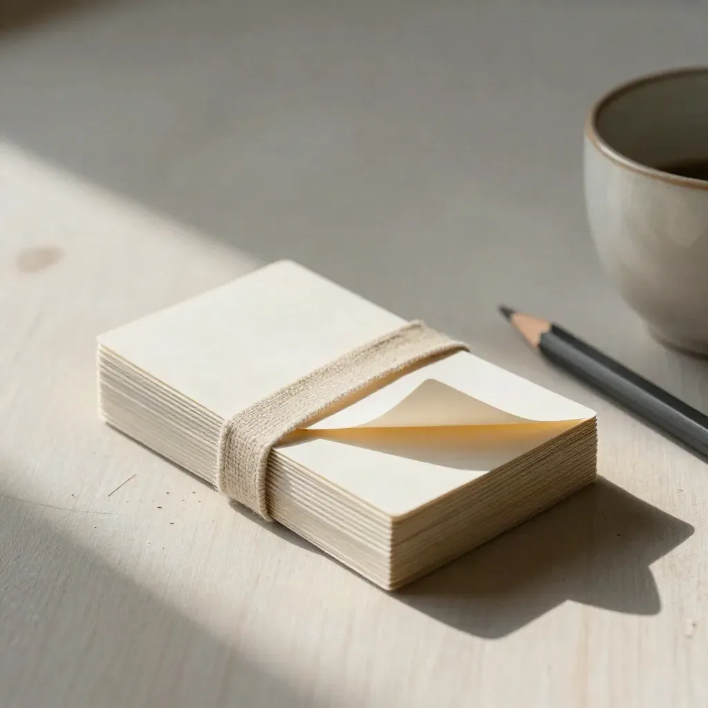 Face-down prompt cards with linen band, pencil, and ceramic cup on pale wood.