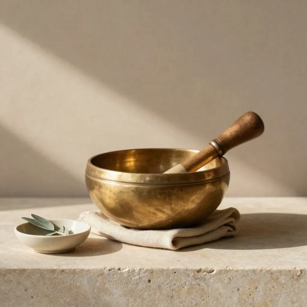 Brass singing bowl with striker on linen, faint haze on a warm stone shelf.
